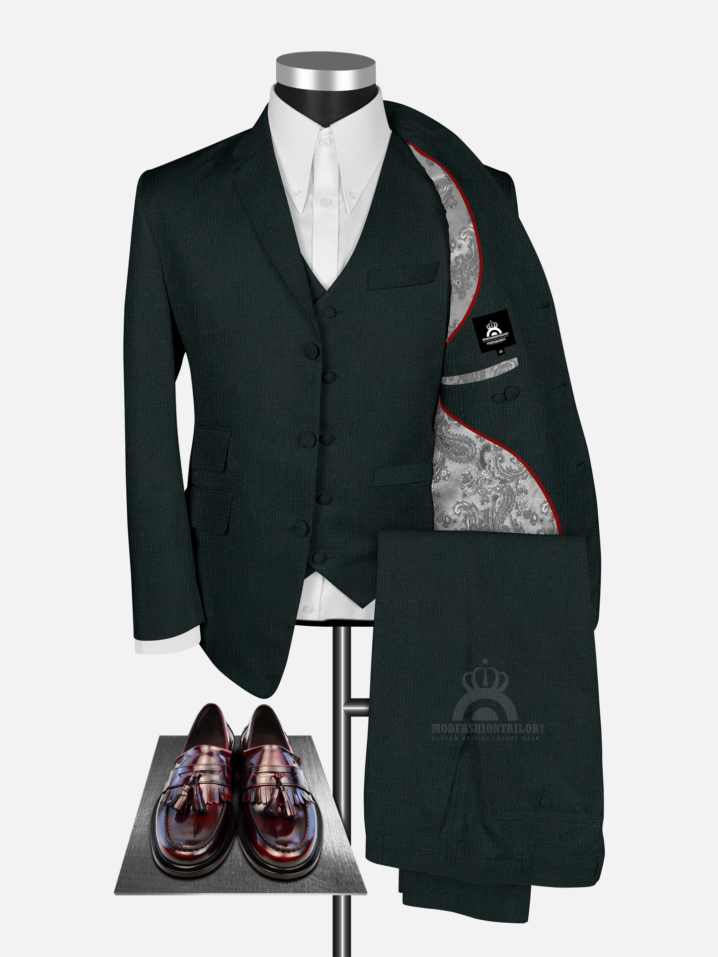 3 Piece Dark Forest Green Micro Check Mod Suit
