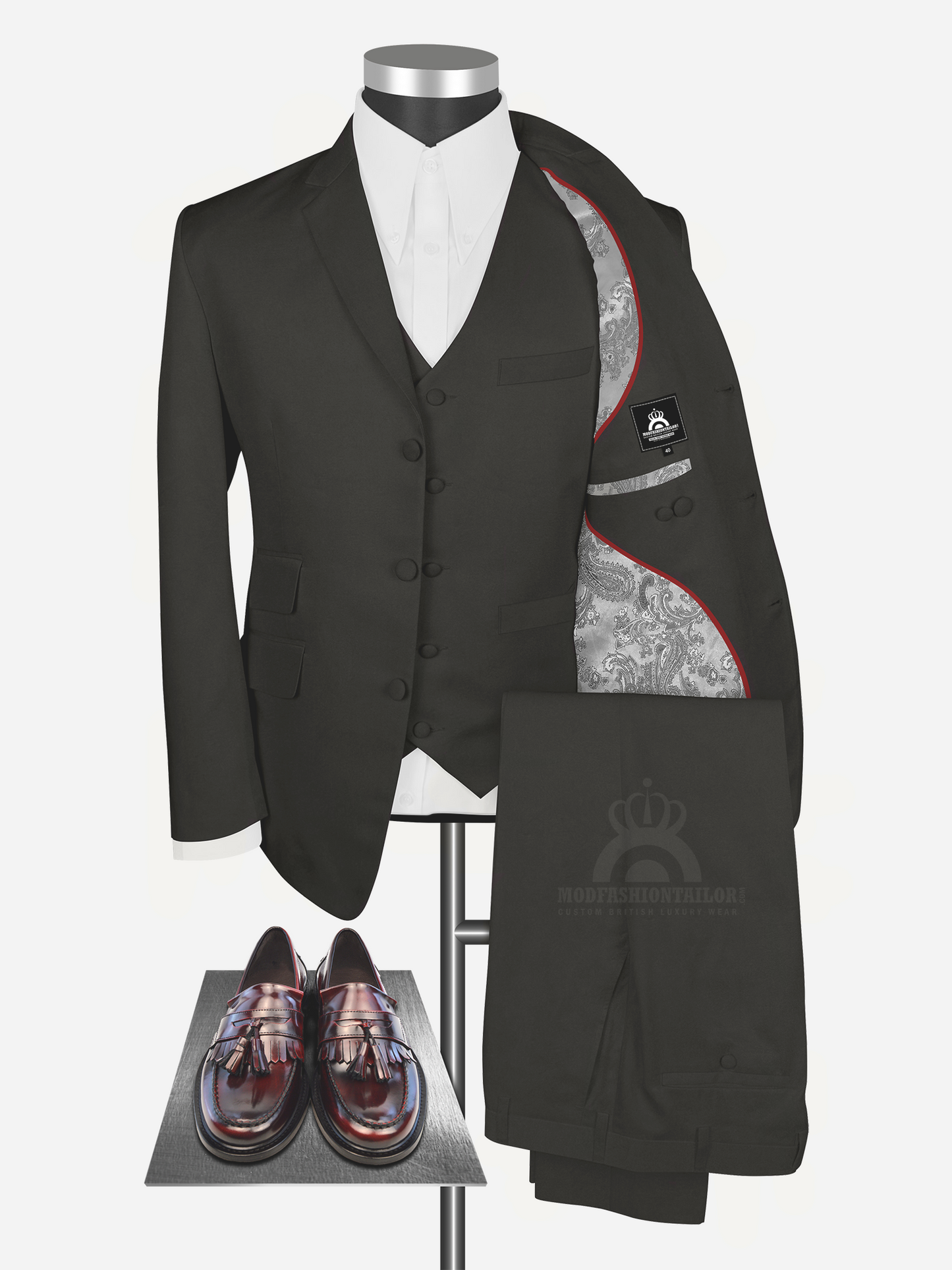 3 Piece David Bowie Dark Brown and Olive Tone Mod Suit with Shirt
