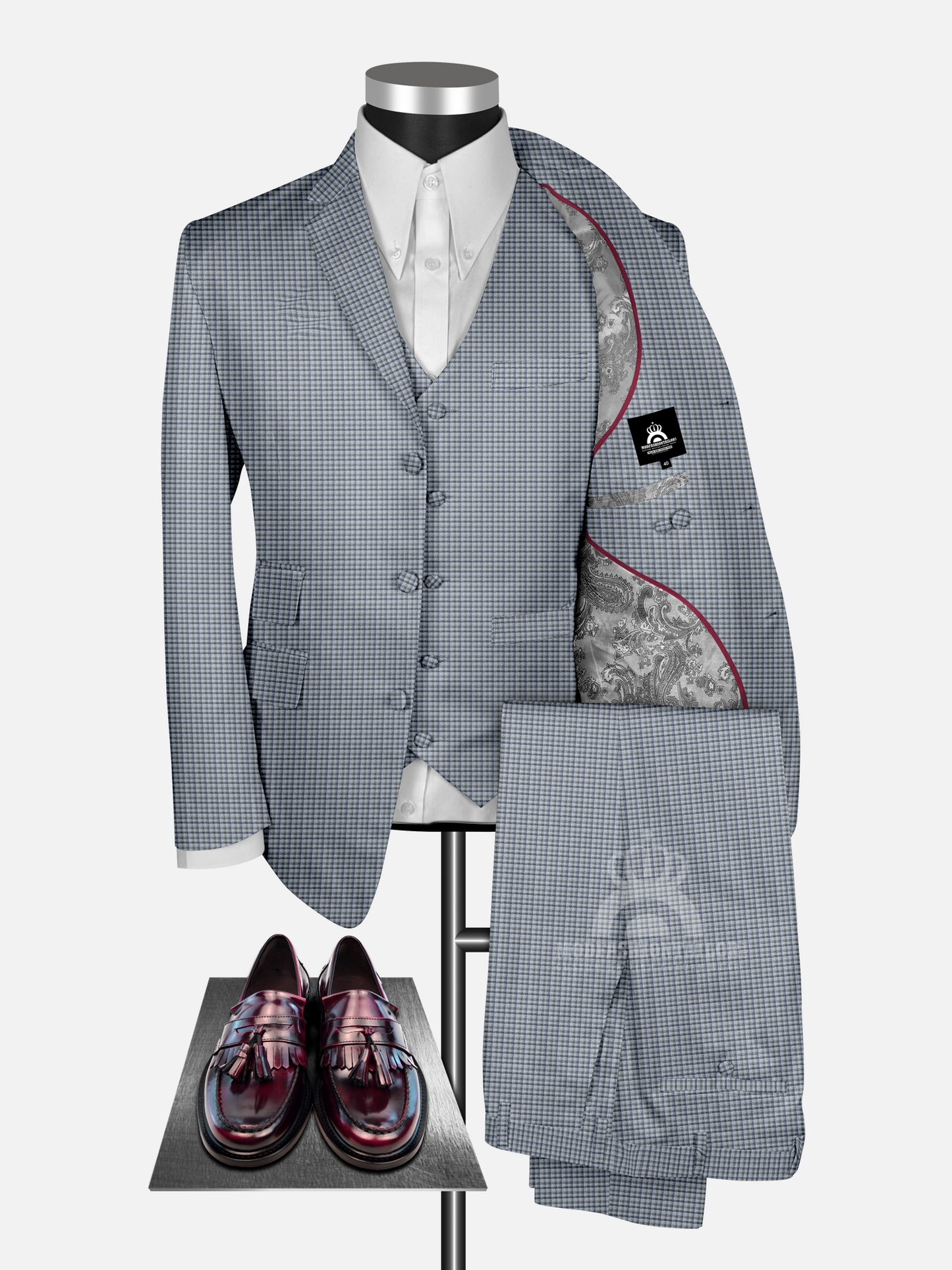 3 Piece Little Blue and Gray Check Mod Suit