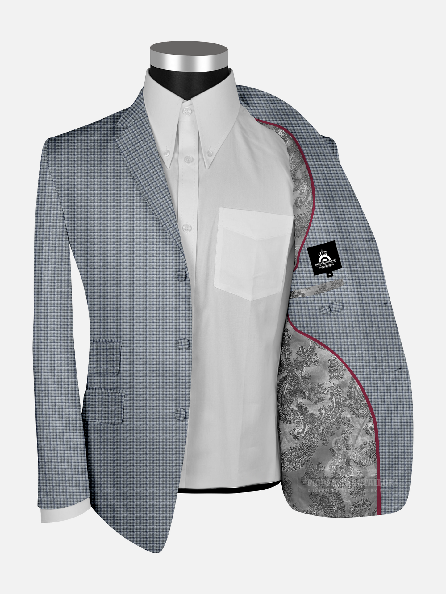 3 Piece Little Blue and Gray Check Mod Suit