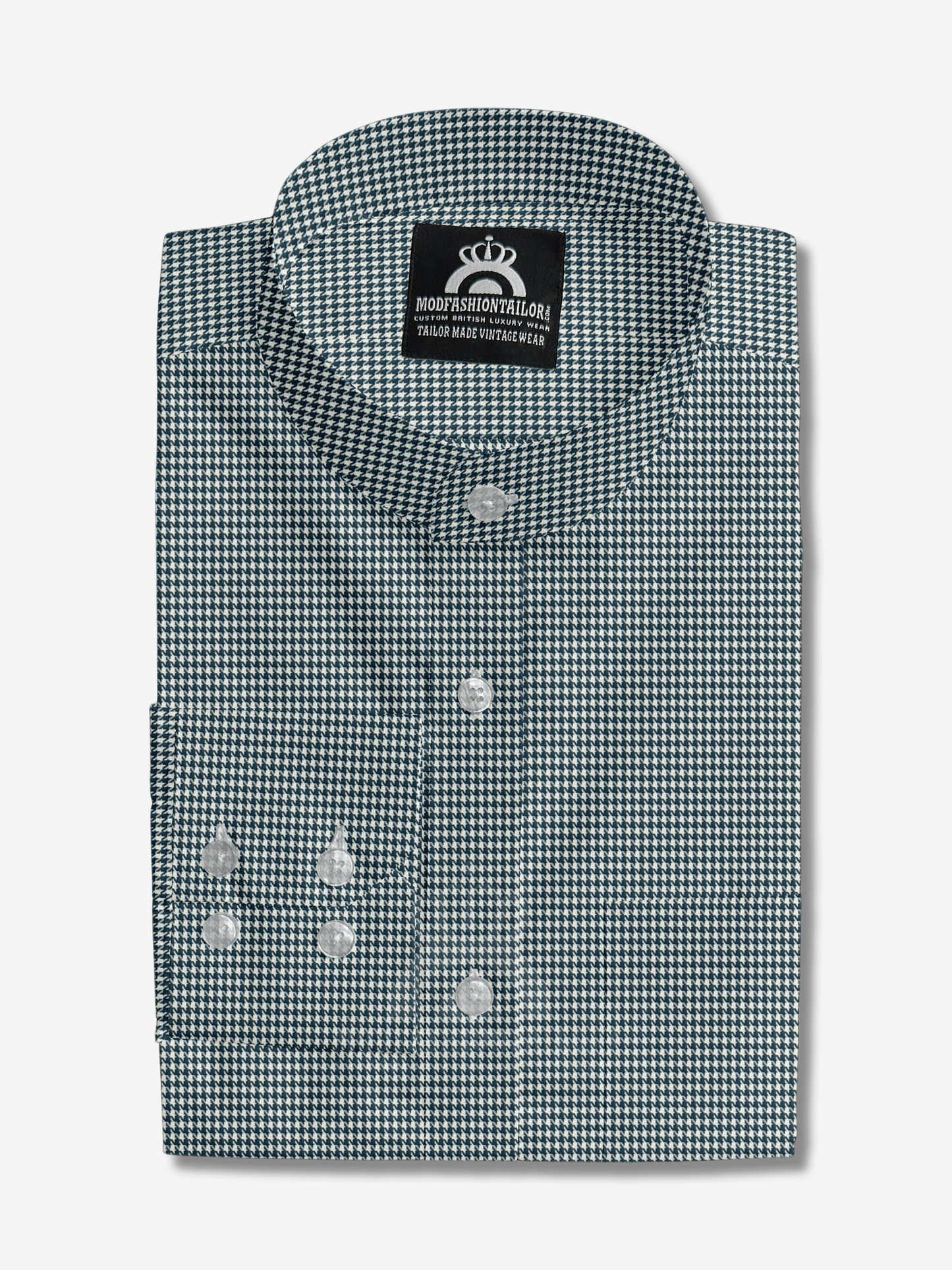 Mandarin Collar Long Sleeve Blue Dogtooth Shirt