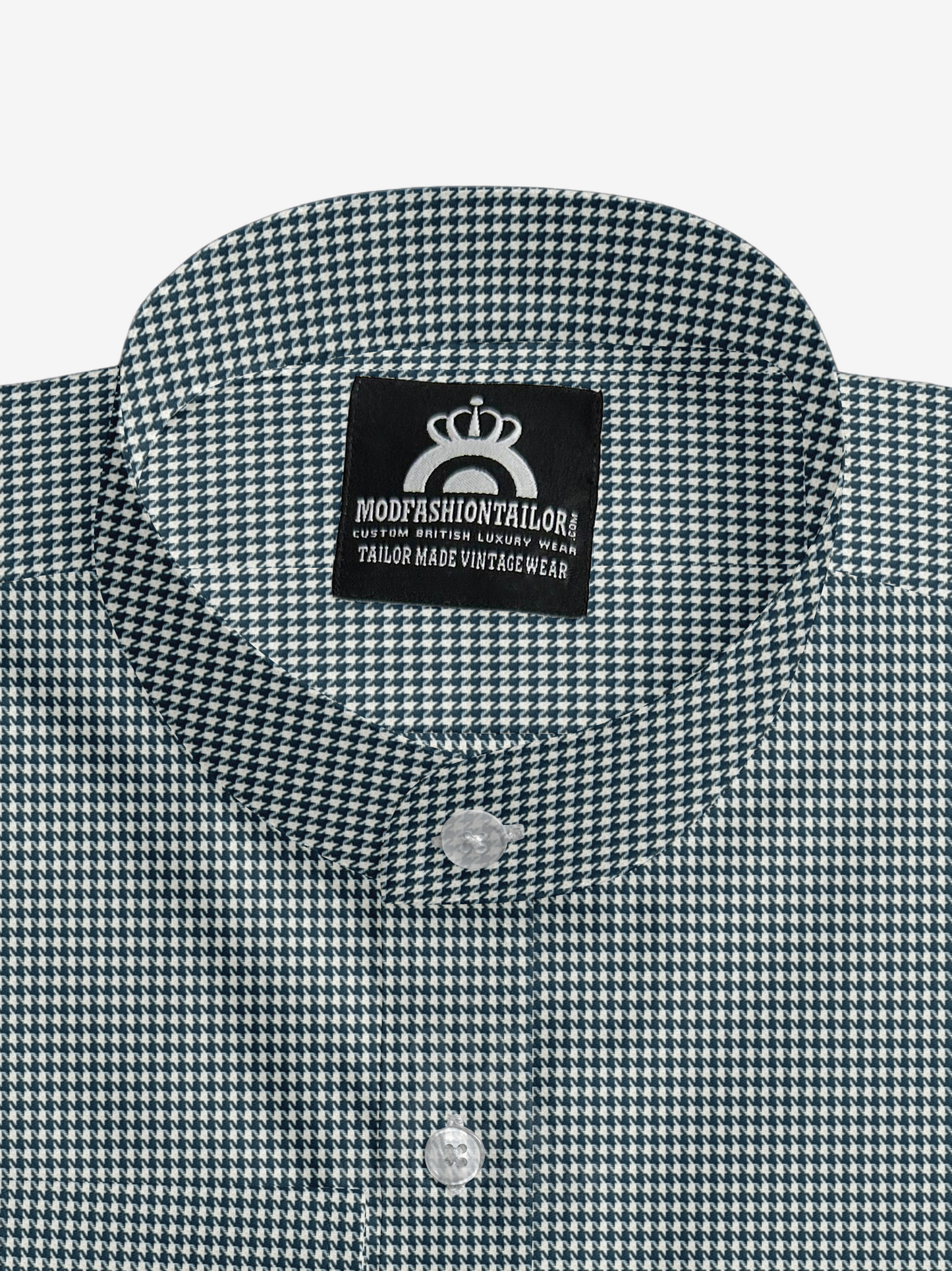 Mandarin Collar Long Sleeve Blue Dogtooth Shirt