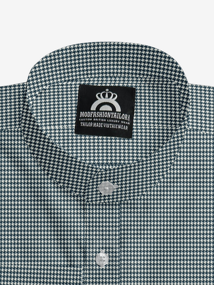 Mandarin Collar Long Sleeve Blue Dogtooth Shirt