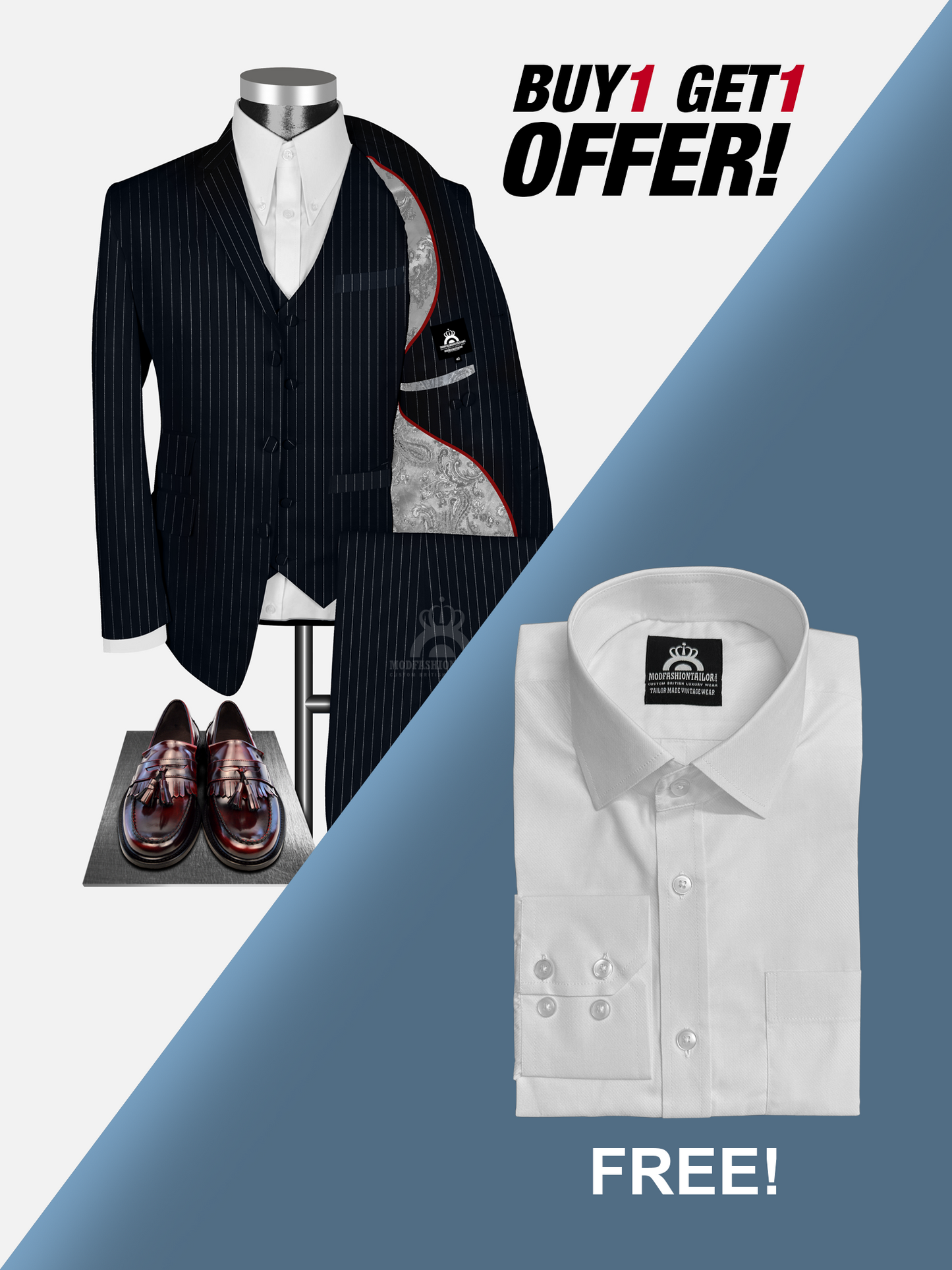 3 Piece White Stripe In Dark Navy Blue Pinstripe Mod Suit with Shirt