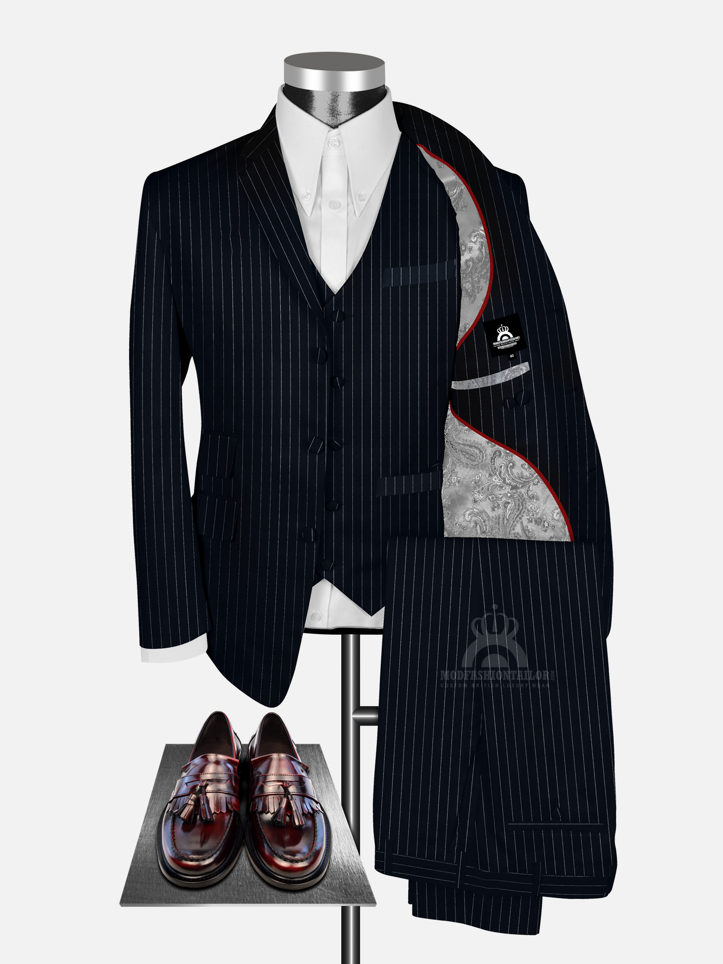 3 Piece White Stripe In Dark Navy Blue Pinstripe Mod Suit