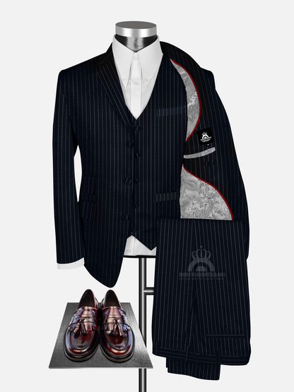 3 Piece White Stripe In Dark Navy Blue Pinstripe Mod Suit