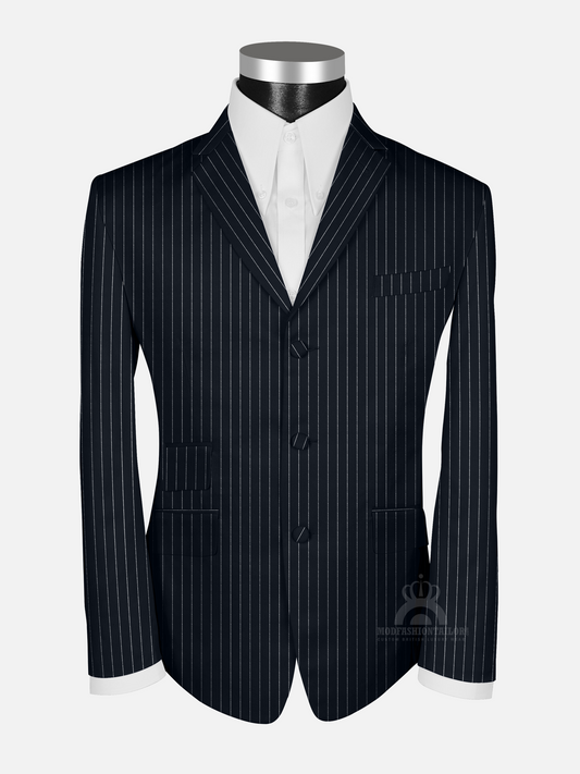 White Stripe In Dark Navy Blue Pinstripe Mod Jacket