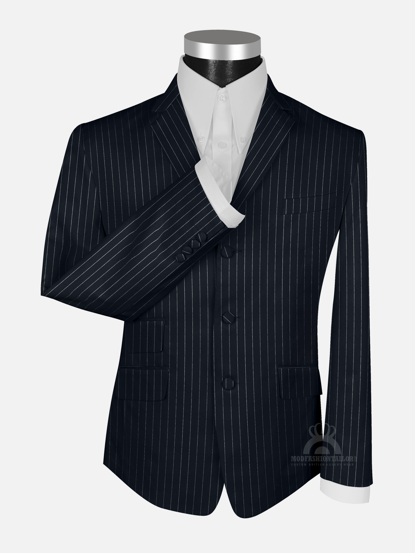 White Stripe In Dark Navy Blue Pinstripe Mod Jacket