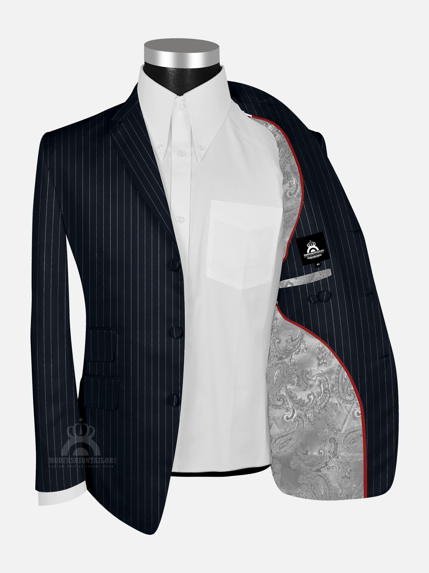 White Stripe In Dark Navy Blue Pinstripe Mod Jacket