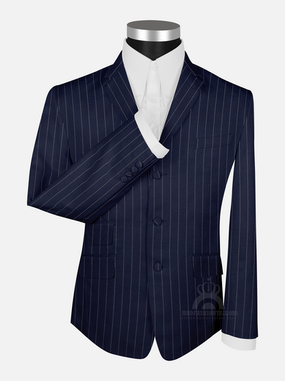 3 Piece White Stripe In Navy Blue Pinstripe Mod Suit