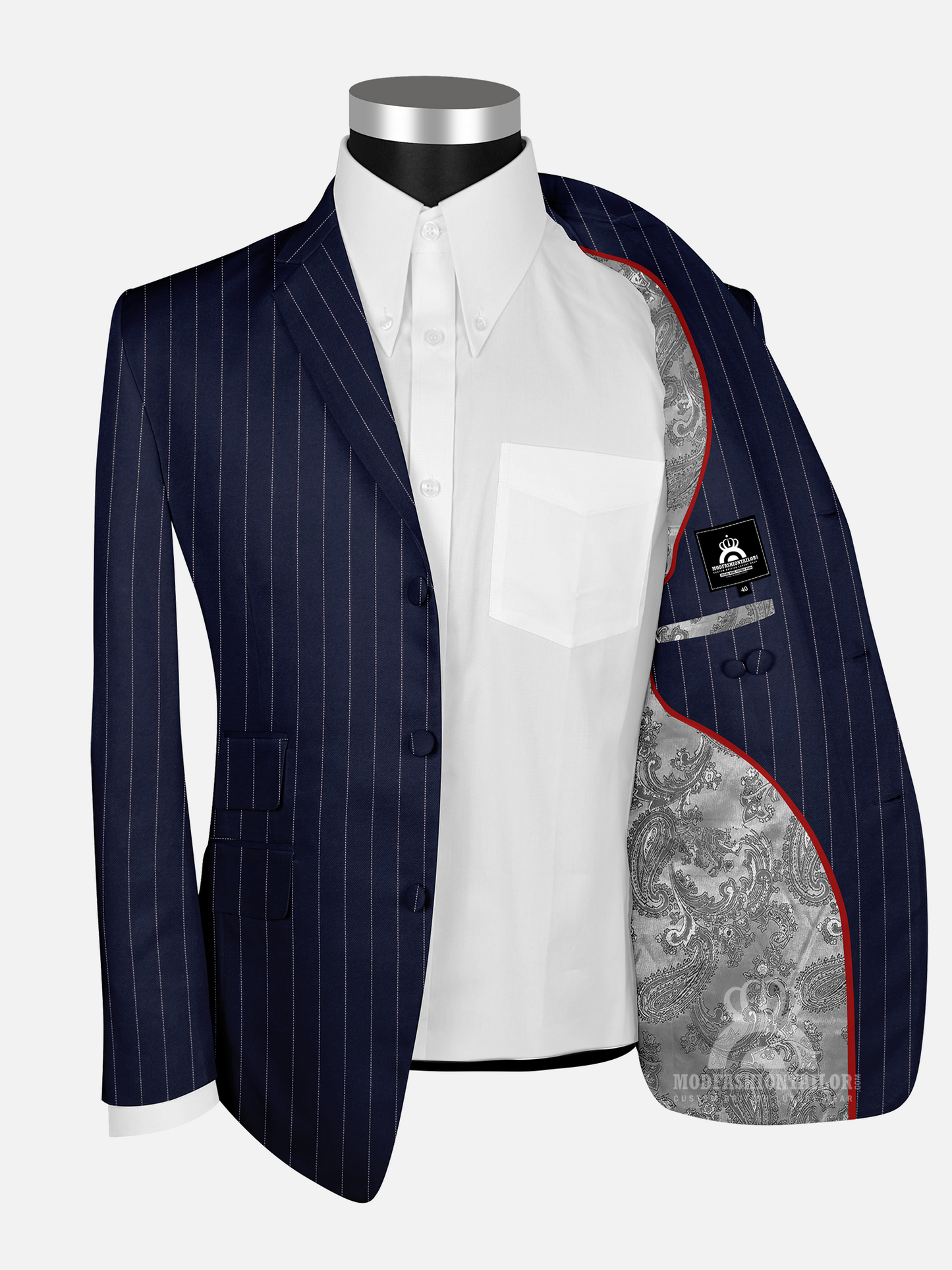 3 Piece White Stripe In Navy Blue Pinstripe Mod Suit