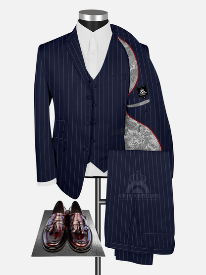 3 Piece White Stripe In Navy Blue Pinstripe Mod Suit with Shirt
