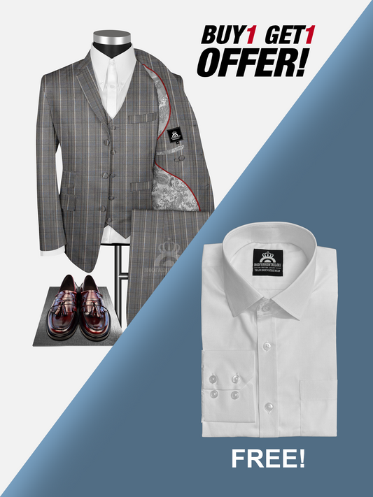 3 Piece Wool Prince of Wales Check Mod Suit with Shirt