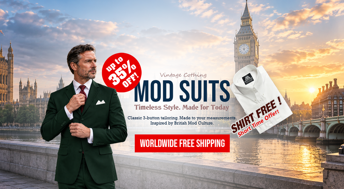 Man wearing a green three-button Mod suit in London